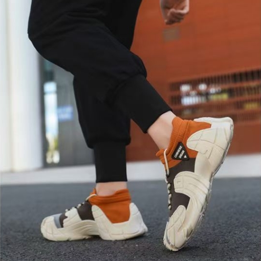 New Men's Shoes With Thick Sole Lightweight Knitted Socks Casual Shoes Youth Fashion Color Blocked Sneakers Beige Orange