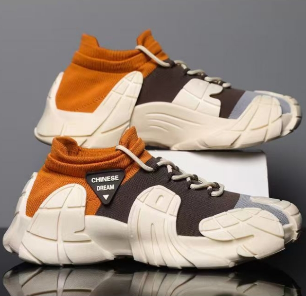 New Men's Shoes With Thick Sole Lightweight Knitted Socks Casual Shoes Youth Fashion Color Blocked Sneakers Beige Orange