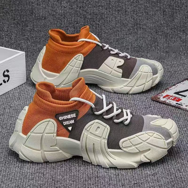 New Men's Shoes With Thick Sole Lightweight Knitted Socks Casual Shoes Youth Fashion Color Blocked Sneakers Beige Orange