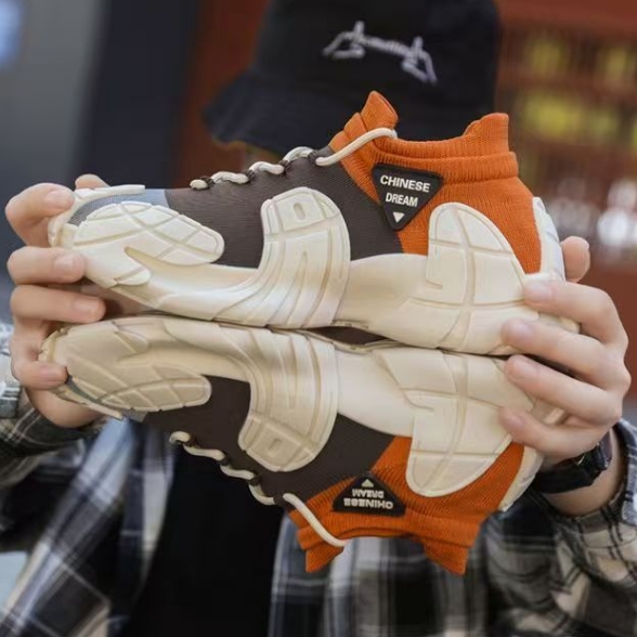 New Men's Shoes With Thick Sole Lightweight Knitted Socks Casual Shoes Youth Fashion Color Blocked Sneakers Beige Orange