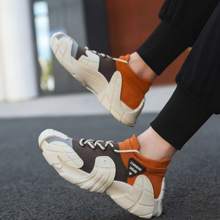 New Men's Shoes With Thick Sole Lightweight Knitted Socks Casual Shoes Youth Fashion Color Blocked Sneakers Beige Orange