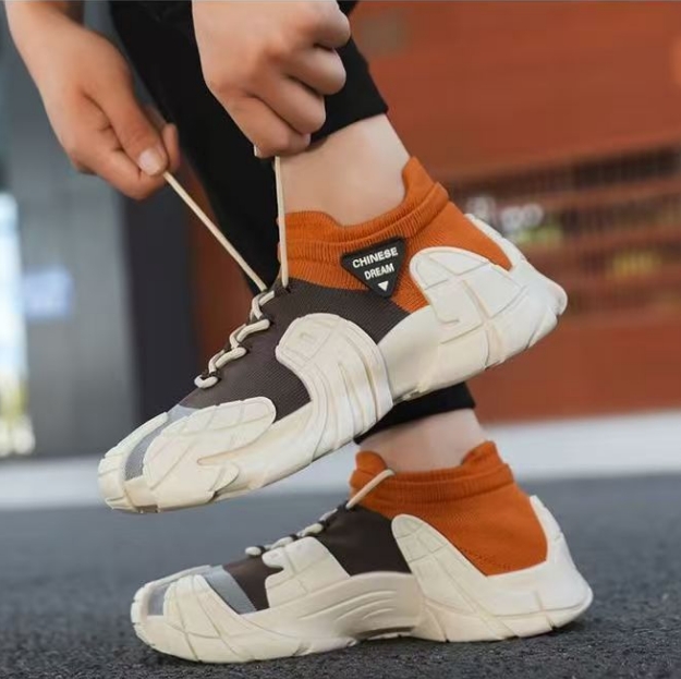 New Men's Shoes With Thick Sole Lightweight Knitted Socks Casual Shoes Youth Fashion Color Blocked Sneakers Beige Orange