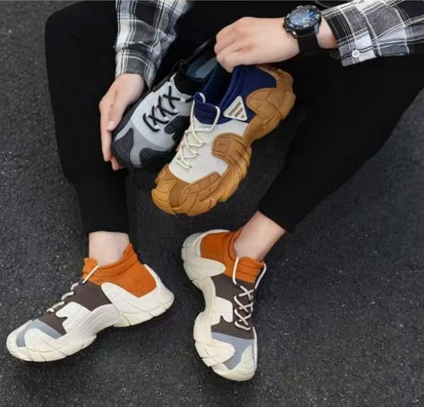 New Men's Shoes With Thick Sole Lightweight Knitted Socks Casual Shoes Youth Fashion Color Blocked Sneakers Beige Orange