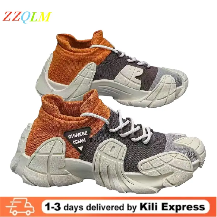 New Men's Shoes With Thick Sole Lightweight Knitted Socks Casual Shoes Youth Fashion Color Blocked Sneakers Beige Orange