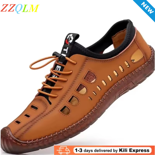 Men's Soft Leather 2026 Men Leather Sandals Breathable Non-slip Cow Tendon Sole Casual Leather Shoes Outdoor Beach Shoes Sneakers