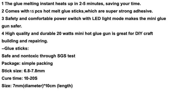 Hot Glue Gun, 20W Mini Heating Hot Melt Glue Gun with Sticks 15pcs ON-Off Switch for DIY Arts, Hobby, Crafts, Home Repairs, Fabric, Metal, Wood, Glass, Card, Plastic