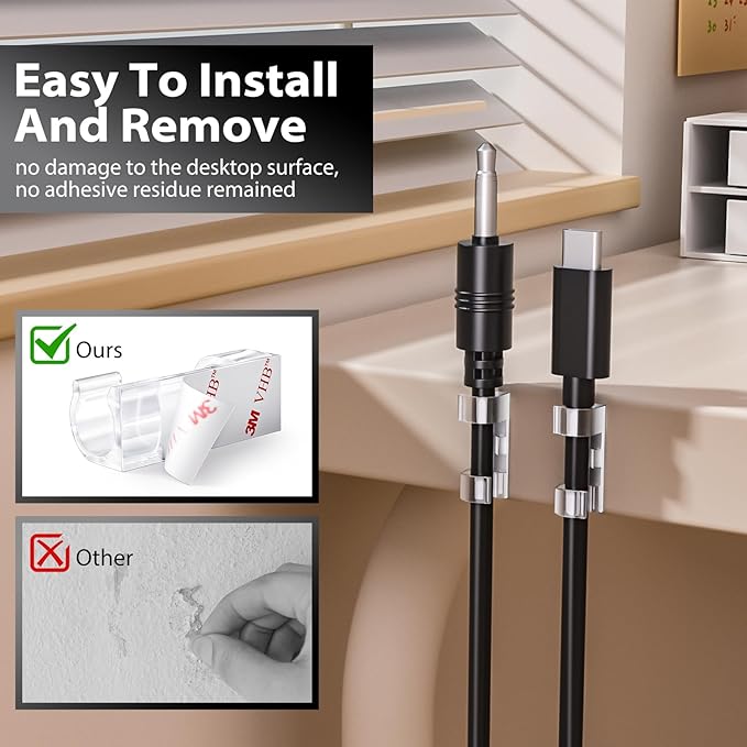 20 PCS Cable Clips, Strong Self Adhesive Cable Tidy Wire Clips, Adhesive Cable Management Wall Holder, Cord Organiser Clips for Home and Office - Transparent