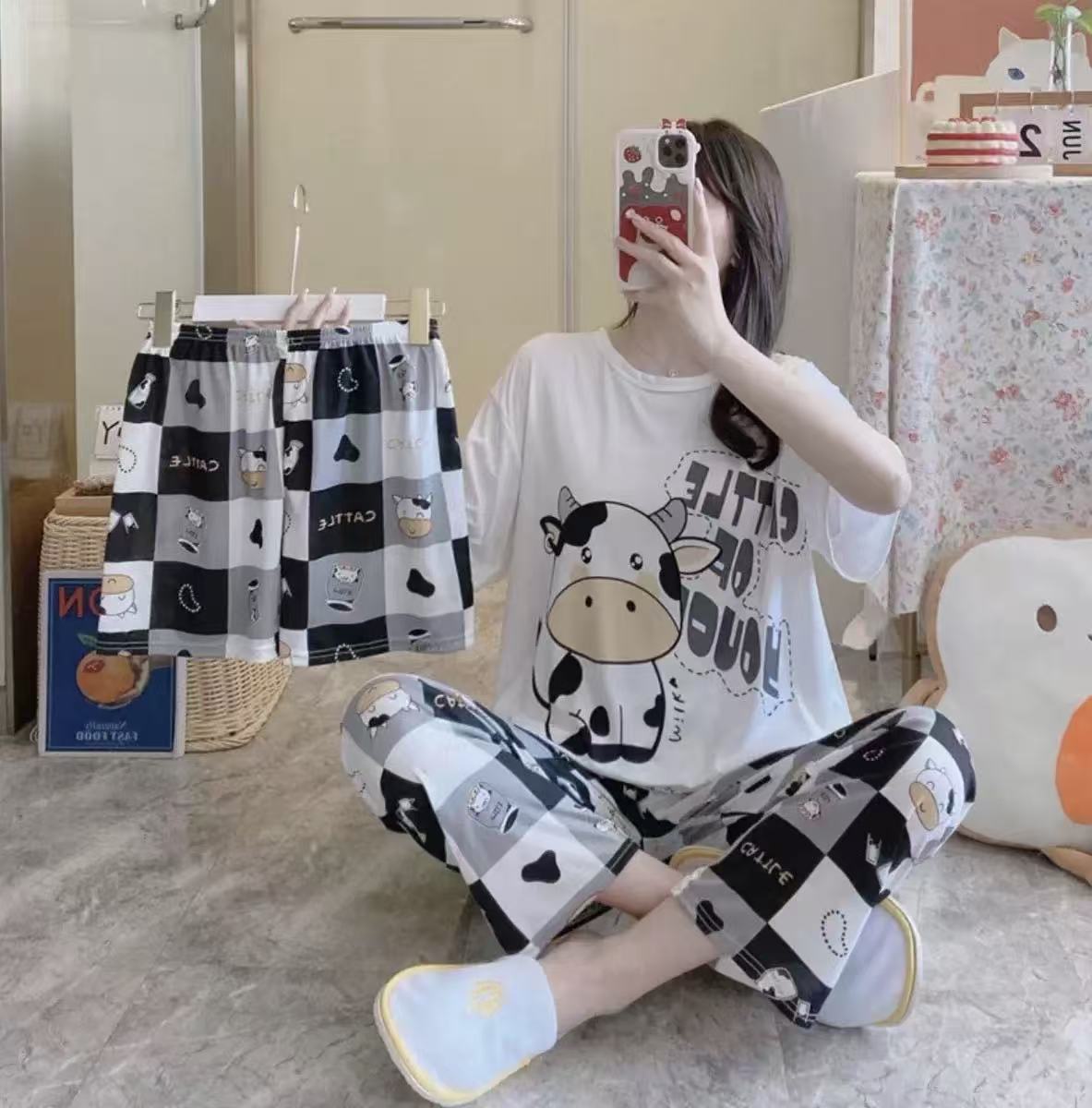 pyjamas 3 PCS  Pajamas for Women Set Short Sleeve Pajama Sets Floral Pj Sets Soft Sleepwear Women Sleepwear Sleep Shirt and Long Pants with Shorts Pajam nightwear nightgown