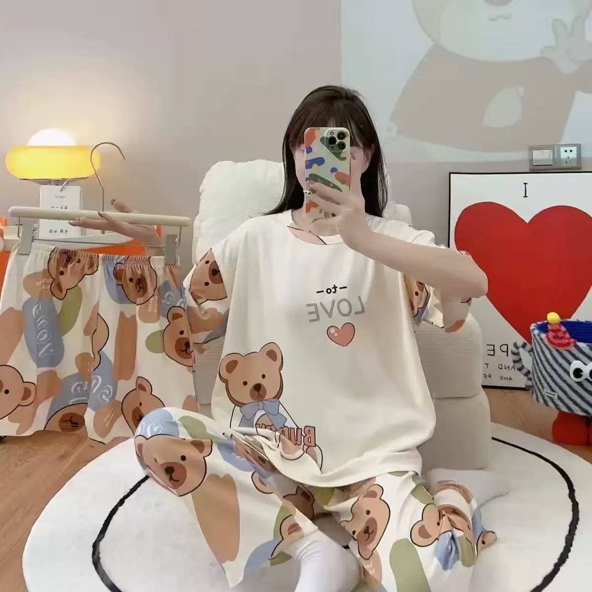 pyjamas 3 PCS  Pajamas for Women Set Short Sleeve Pajama Sets Floral Pj Sets Soft Sleepwear Women Sleepwear Sleep Shirt and Long Pants with Shorts Pajam nightwear nightgown