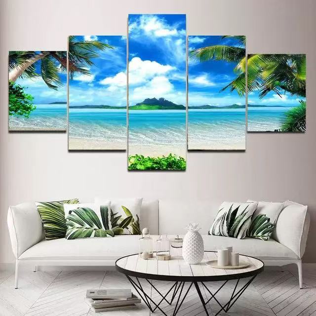 5 Piece/Set Landscape beach Picture Canvas Wall Art,Beach Painting Decor Ocean Canvas Prints for Living Room,no frame，Ready to Hang Only canvas painting