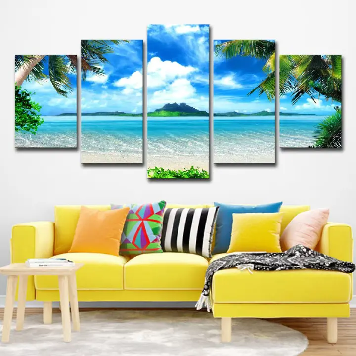 5 Piece/Set Landscape beach Picture Canvas Wall Art,Beach Painting Decor Ocean Canvas Prints for Living Room,no frame，Ready to Hang Only canvas painting