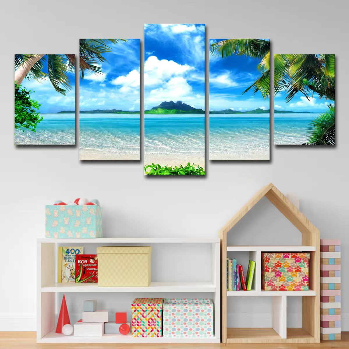 5 Piece/Set Landscape beach Picture Canvas Wall Art,Beach Painting Decor Ocean Canvas Prints for Living Room,no frame，Ready to Hang Only canvas painting