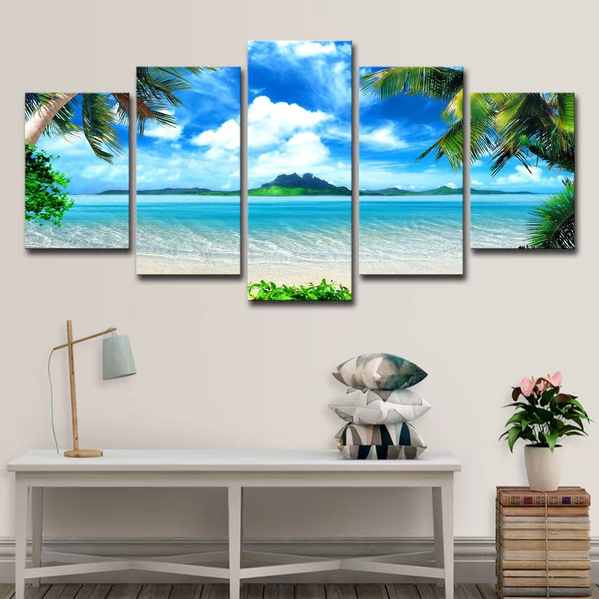 5 Piece/Set Landscape beach Picture Canvas Wall Art,Beach Painting Decor Ocean Canvas Prints for Living Room,no frame，Ready to Hang Only canvas painting