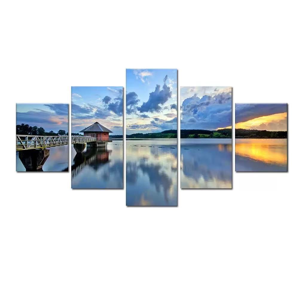 5 Piece lake mountain sunset pavilion nature landscope picture wall art HD Canvas Print Oil Painting Realism for Home Decoration Living Room Bedroom Wall  decor