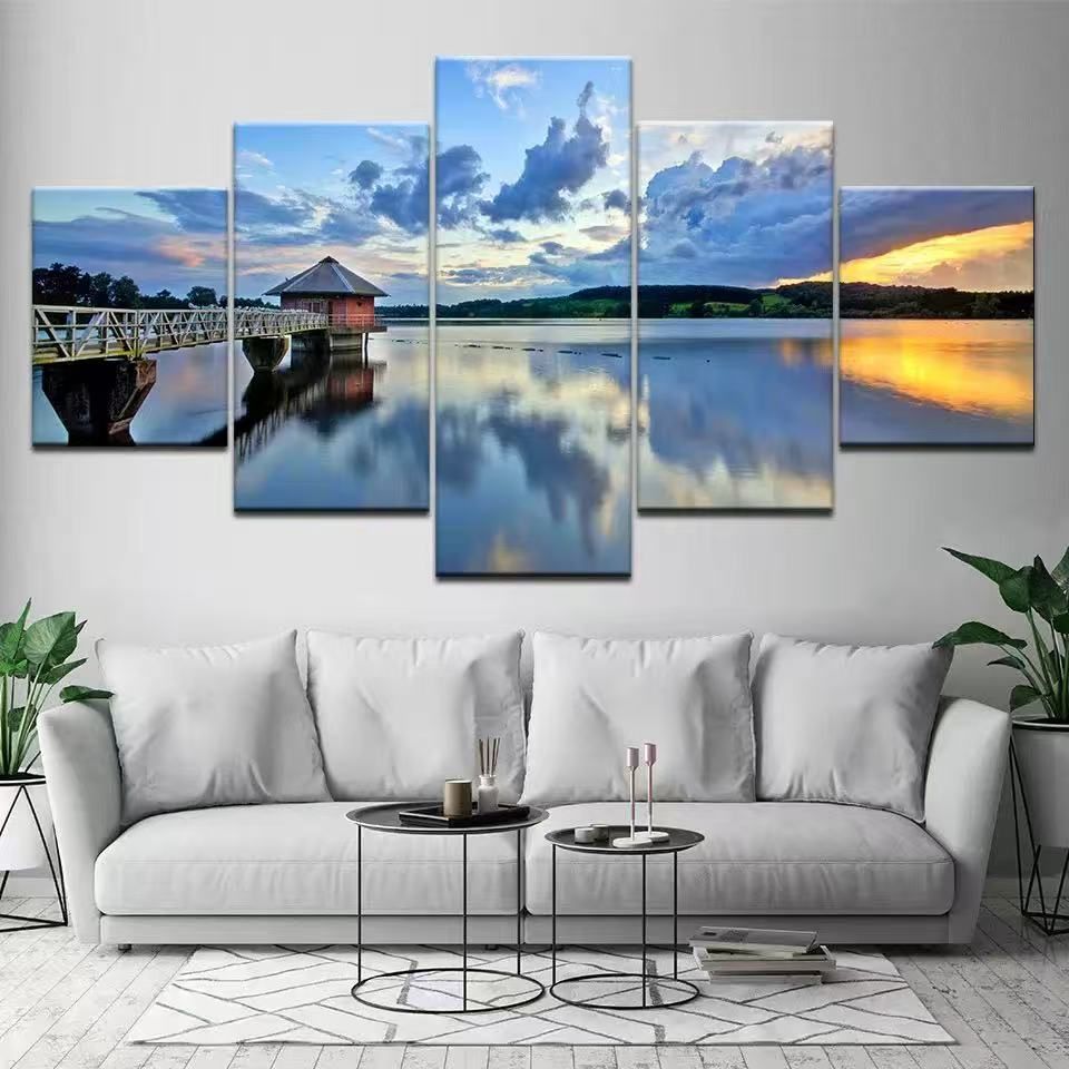 5 Piece lake mountain sunset pavilion nature landscope picture wall art HD Canvas Print Oil Painting Realism for Home Decoration Living Room Bedroom Wall  decor