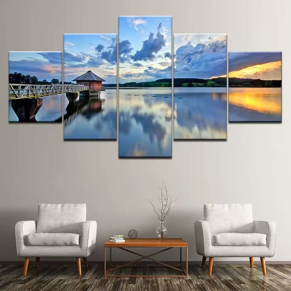 5 Piece lake mountain sunset pavilion nature landscope picture wall art HD Canvas Print Oil Painting Realism for Home Decoration Living Room Bedroom Wall  decor
