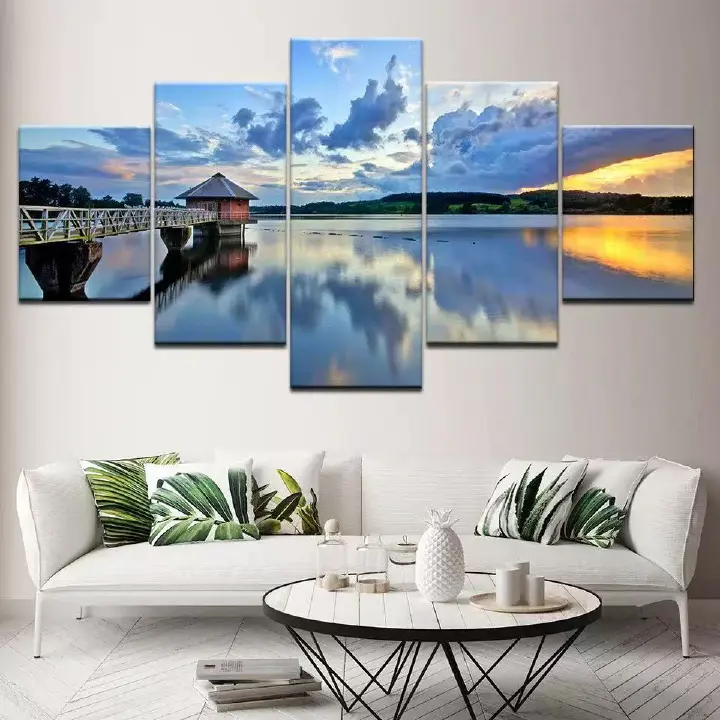 5 Piece lake mountain sunset pavilion nature landscope picture wall art HD Canvas Print Oil Painting Realism for Home Decoration Living Room Bedroom Wall  decor