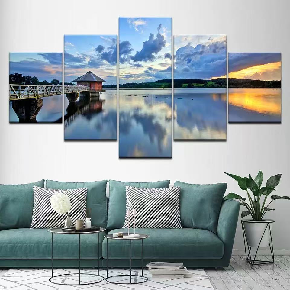 5 Piece lake mountain sunset pavilion nature landscope picture wall art HD Canvas Print Oil Painting Realism for Home Decoration Living Room Bedroom Wall  decor