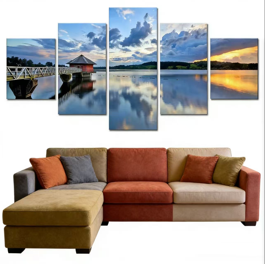 5 Piece lake mountain sunset pavilion nature landscope picture wall art HD Canvas Print Oil Painting Realism for Home Decoration Living Room Bedroom Wall  decor
