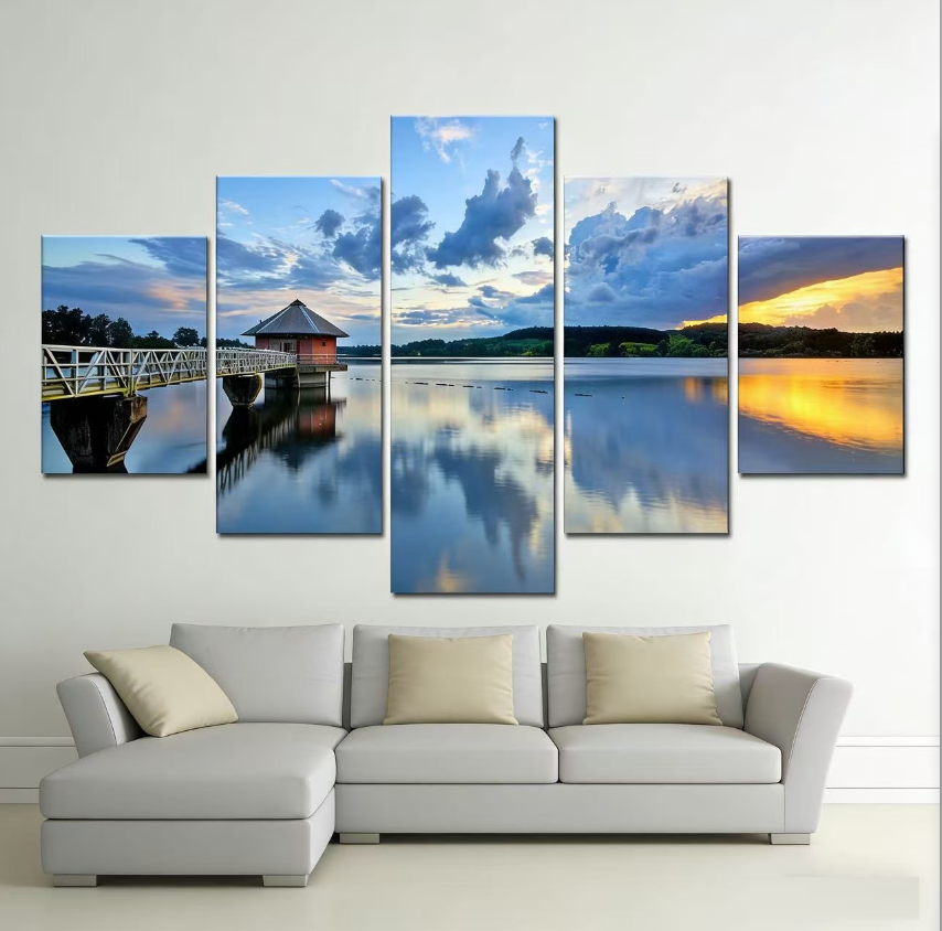 5 Piece lake mountain sunset pavilion nature landscope picture wall art HD Canvas Print Oil Painting Realism for Home Decoration Living Room Bedroom Wall  decor