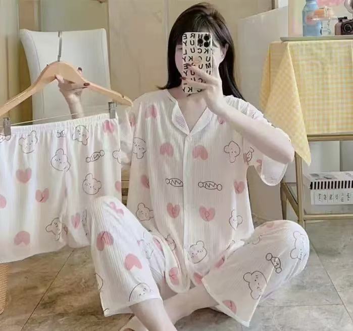 3PCS women pajamas set ，comfortable pyjamas，soft breathable sleepwear，3-in-1 loungewear for home & night use ，short sleeve top，long pants & shorts