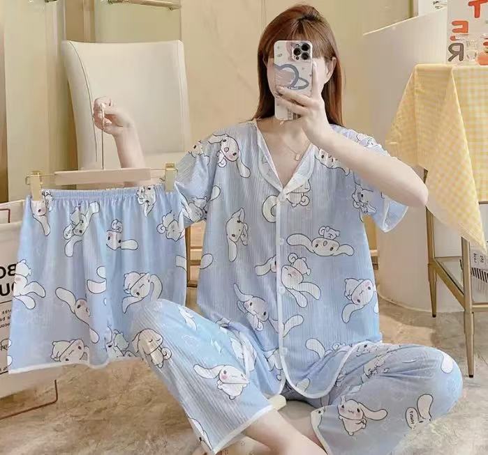 3PCS women pajamas set ，comfortable pyjamas，soft breathable sleepwear，3-in-1 loungewear for home & night use ，short sleeve top，long pants & shorts