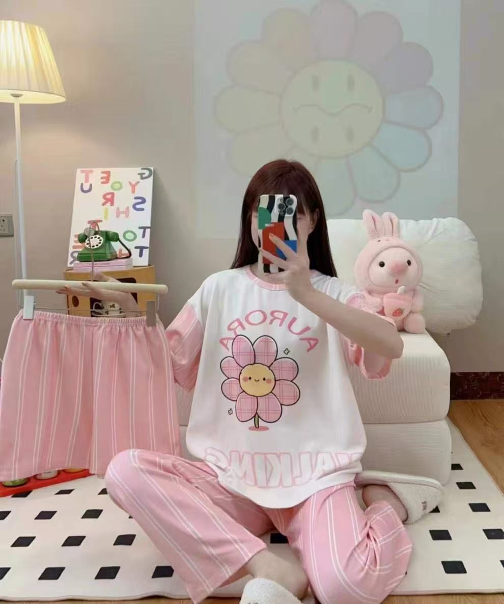 3 PCS  pyjamas Pajamas for Women Set Short Sleeve Pajama Sets Floral Pj Sets Soft Sleepwear Women Sleepwear Sleep Shirt and Long Pants with Shorts Pajam nightwear nightgown