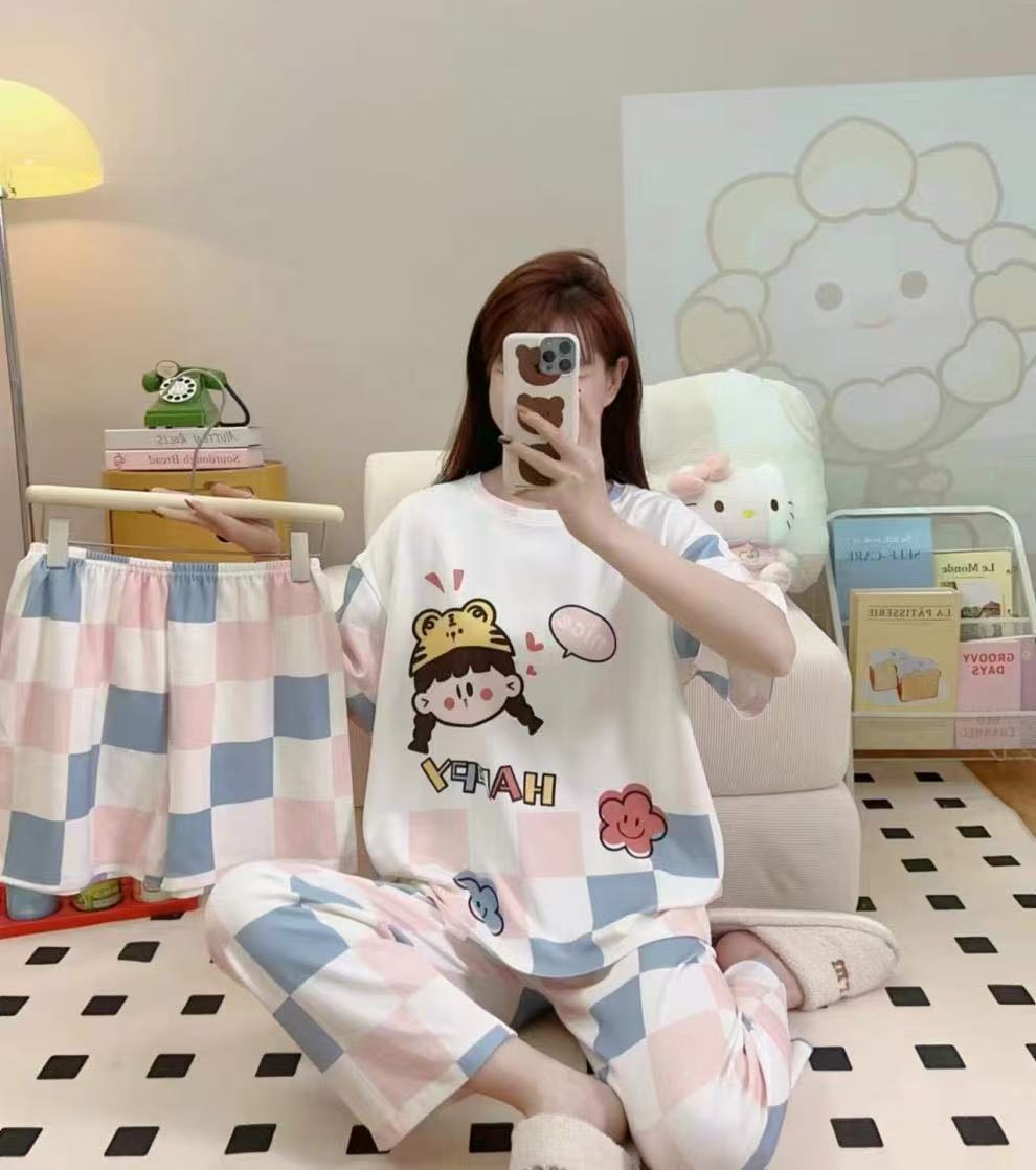 3 PCS  pyjamas Pajamas for Women Set Short Sleeve Pajama Sets Floral Pj Sets Soft Sleepwear Women Sleepwear Sleep Shirt and Long Pants with Shorts Pajam nightwear nightgown