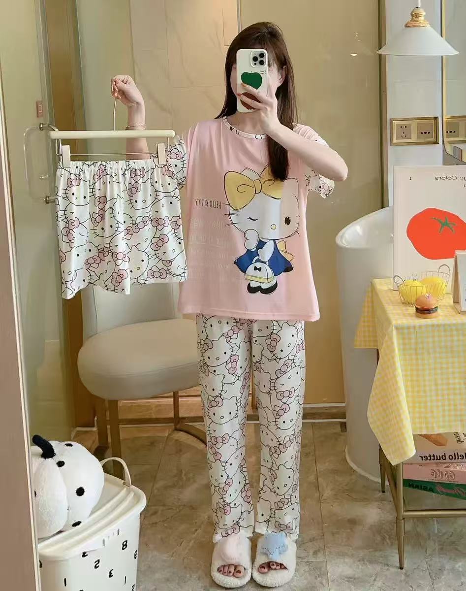 3 PCS  pyjamas Pajamas for Women Set Short Sleeve Pajama Sets Floral Pj Sets Soft Sleepwear Women Sleepwear Sleep Shirt and Long Pants with Shorts Pajam nightwear nightgown