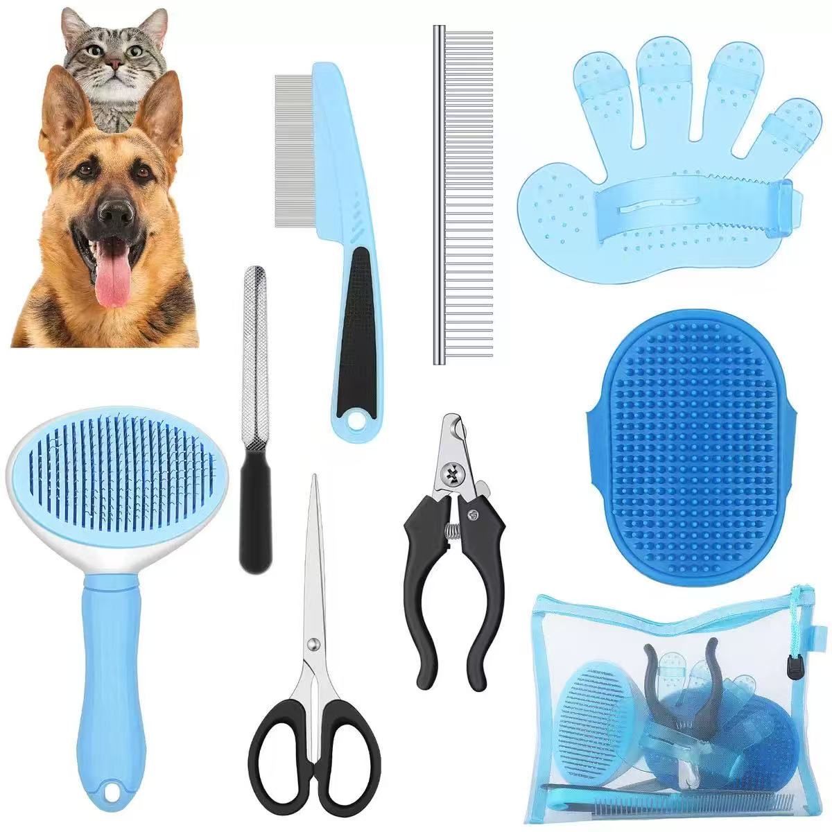 Complete 8pcs pet grooming kit for dog & cats multi-functional pet care set grooming tools kit pet washing & care kit Pet Nail Clippers & Files Pet Shampoo Brushes Hair Removal Brushes Toothbrush