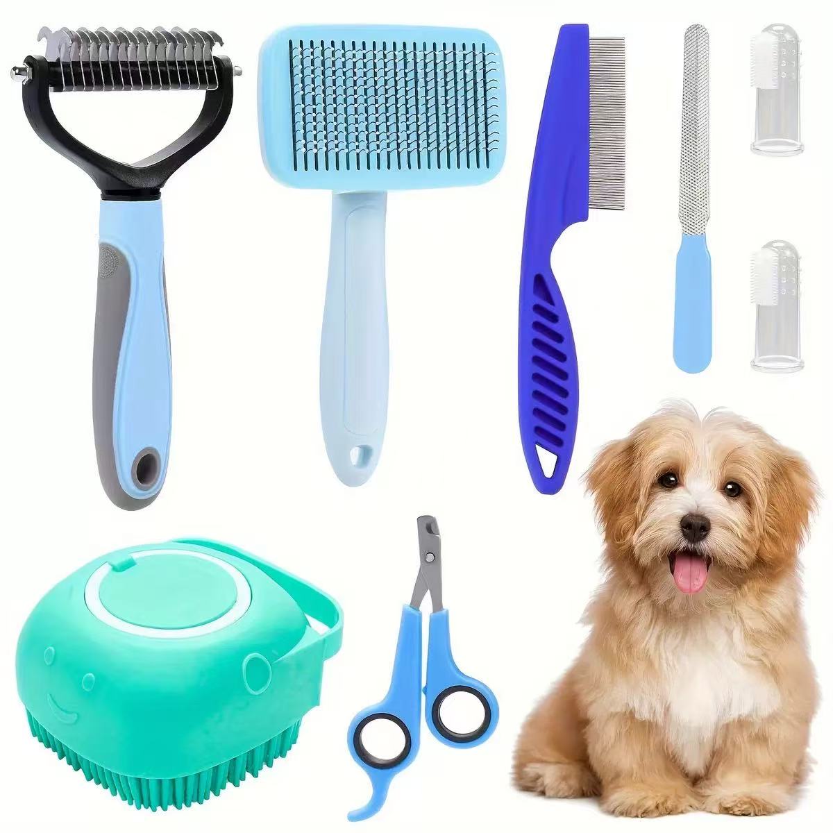 Complete 8pcs pet grooming kit for dog & cats multi-functional pet care set grooming tools kit pet washing & care kit Pet Nail Clippers & Files Pet Shampoo Brushes Hair Removal Brushes Toothbrush