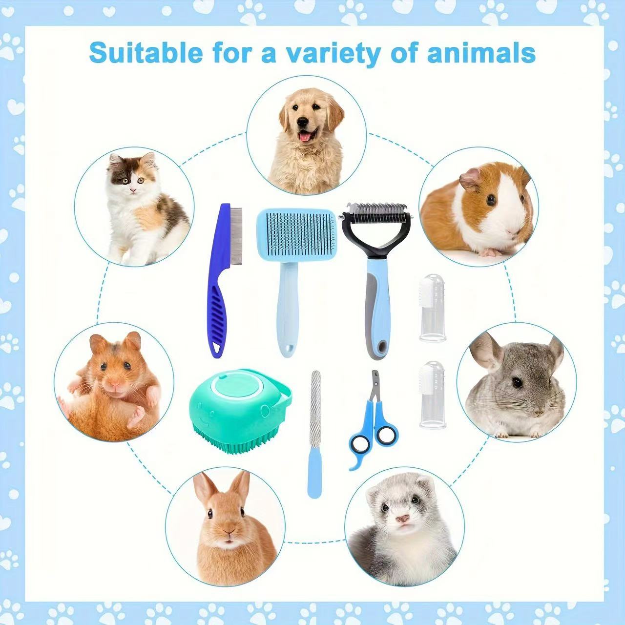 Complete 8pcs pet grooming kit for dog & cats multi-functional pet care set grooming tools kit pet washing & care kit Pet Nail Clippers & Files Pet Shampoo Brushes Hair Removal Brushes Toothbrush