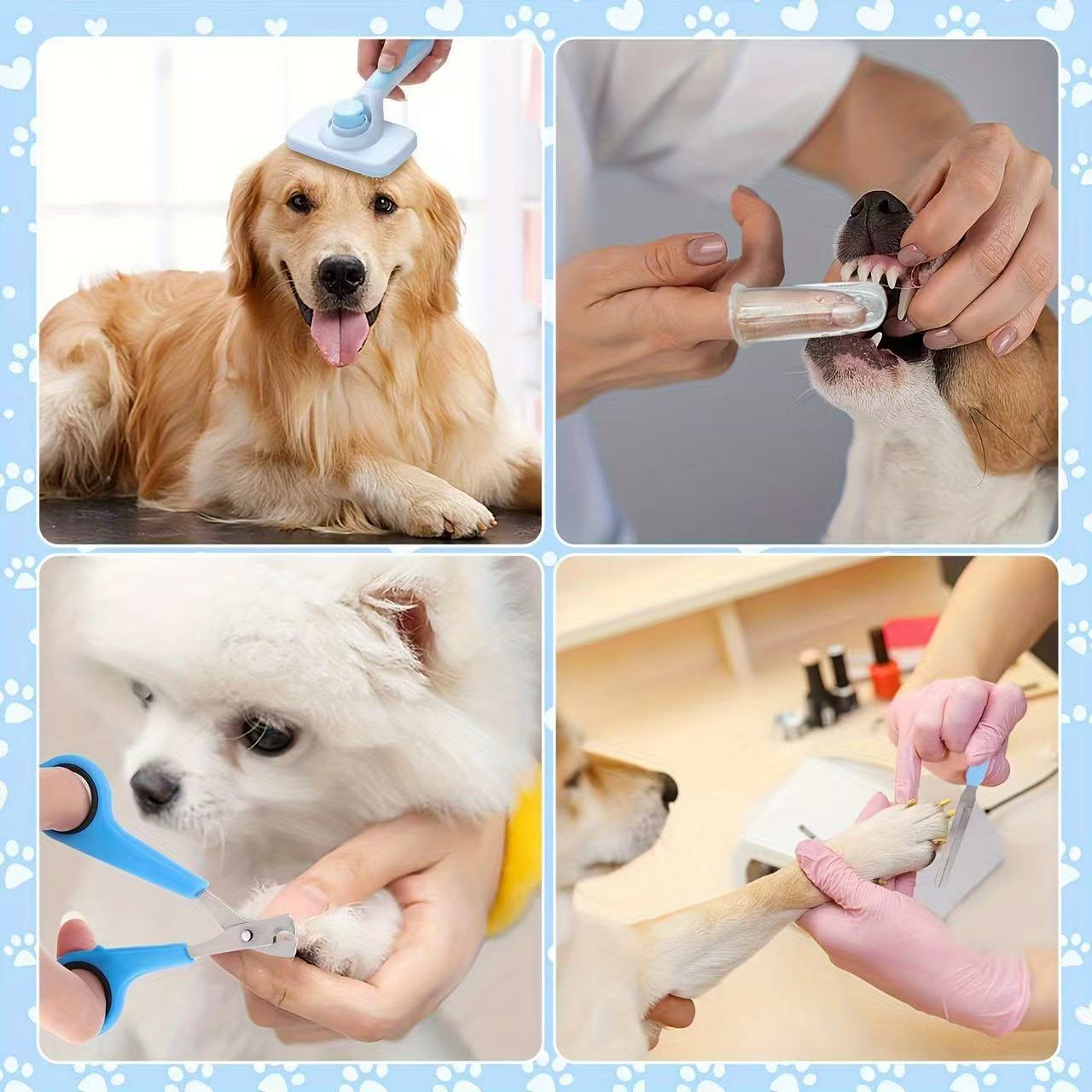 Complete 8pcs pet grooming kit for dog & cats multi-functional pet care set grooming tools kit pet washing & care kit Pet Nail Clippers & Files Pet Shampoo Brushes Hair Removal Brushes Toothbrush