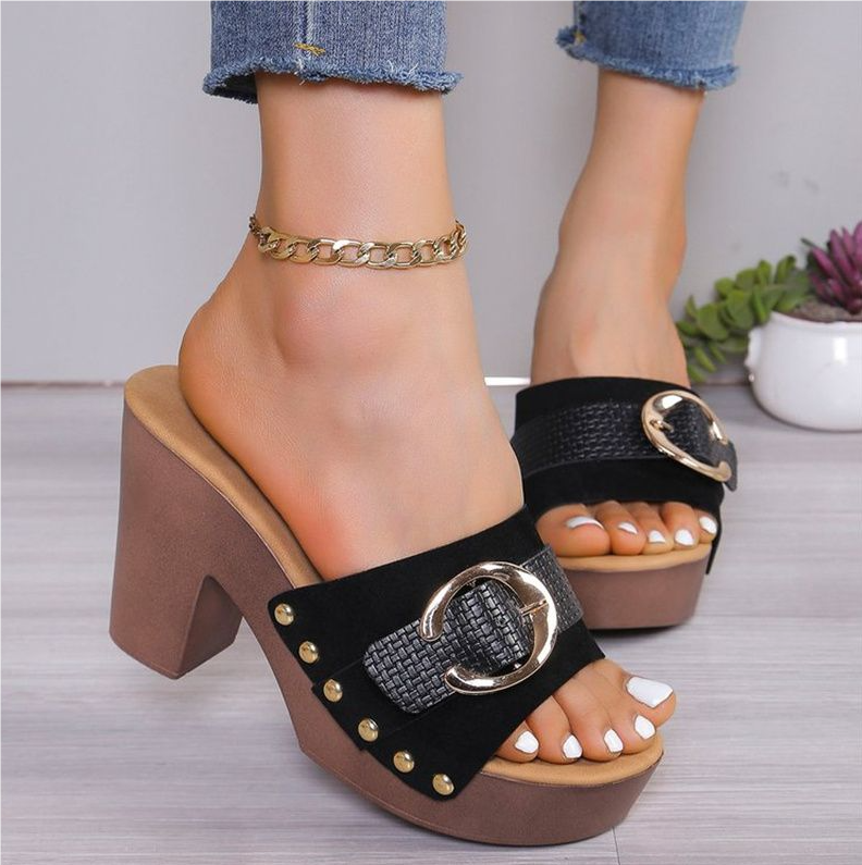Women's Shoes Slippers Mules Thick-heeled sandals for women, new European and American high-heeled shoes, large size, comfortable, thick-soled, fashionable rivet high-heeled slippers