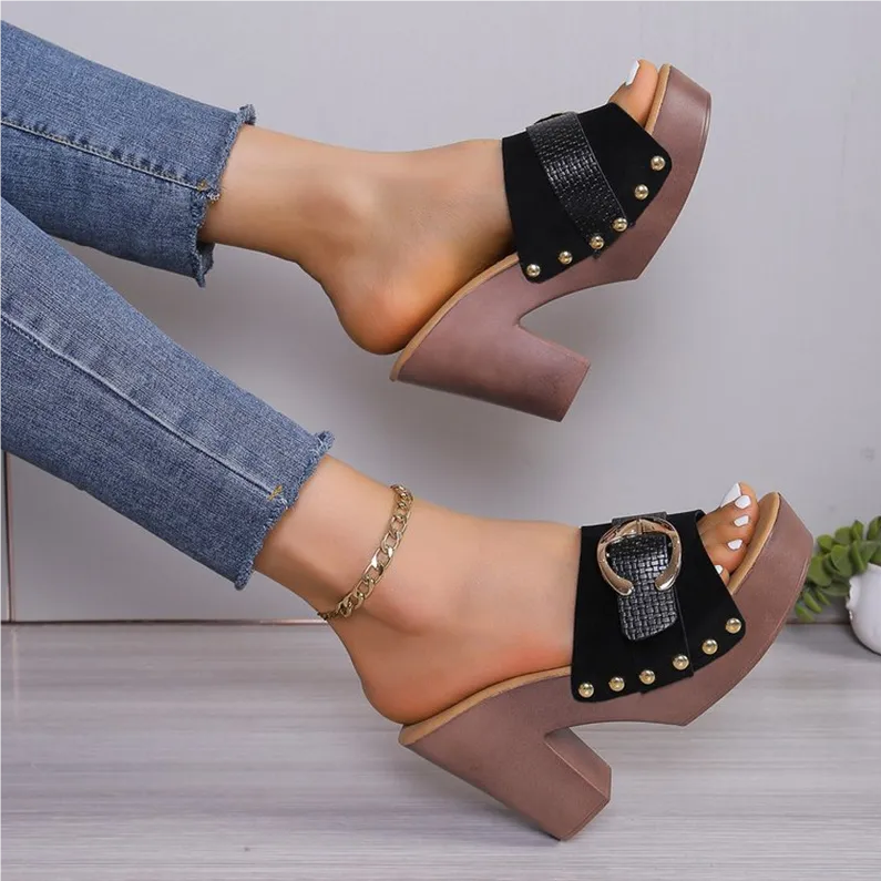 Women's Shoes Slippers Mules Thick-heeled sandals for women, new European and American high-heeled shoes, large size, comfortable, thick-soled, fashionable rivet high-heeled slippers