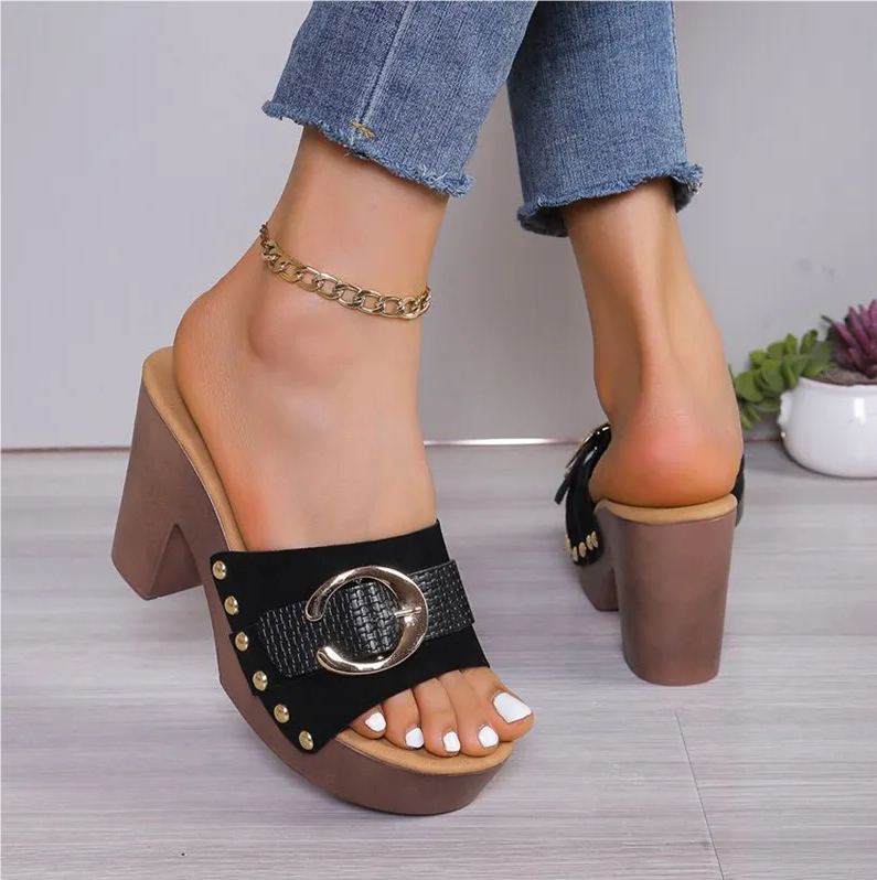 Women's Shoes Slippers Mules Thick-heeled sandals for women, new European and American high-heeled shoes, large size, comfortable, thick-soled, fashionable rivet high-heeled slippers
