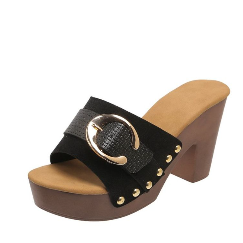 Women's Shoes Slippers Mules Thick-heeled sandals for women, new European and American high-heeled shoes, large size, comfortable, thick-soled, fashionable rivet high-heeled slippers