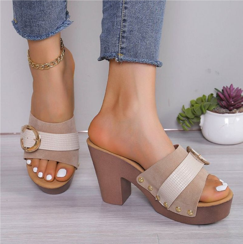 Women's Shoes Slippers Mules Thick-heeled sandals for women, new European and American high-heeled shoes, large size, comfortable, thick-soled, fashionable rivet high-heeled slippers