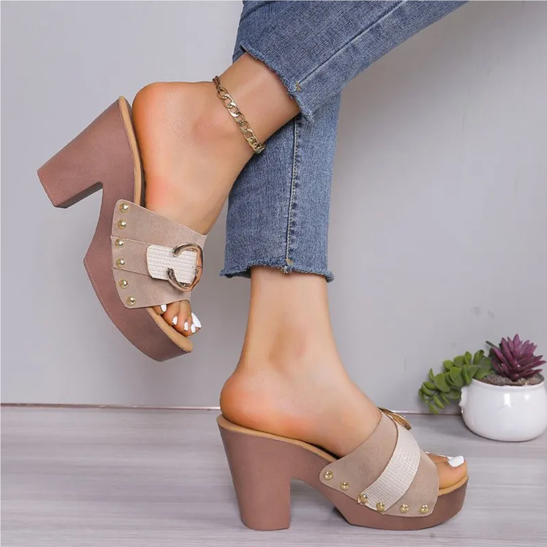 Women's Shoes Slippers Mules Thick-heeled sandals for women, new European and American high-heeled shoes, large size, comfortable, thick-soled, fashionable rivet high-heeled slippers