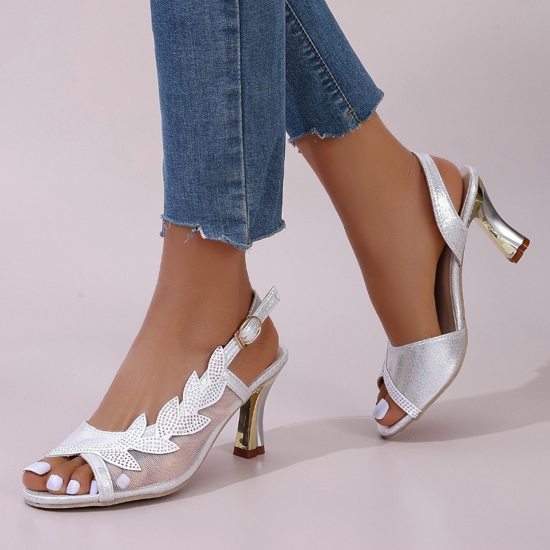Shoes  Women's Shoes  Heels Simple And Fashionable Mesh Rhinestone Fish Mouth Shoes Side Hollow Stiletto Roman Sandals