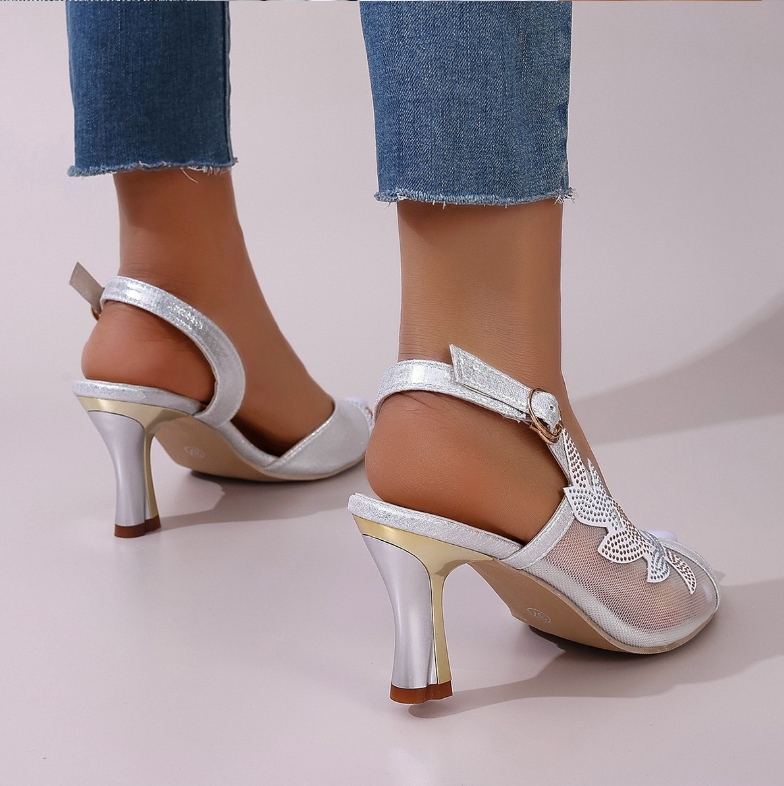 Shoes  Women's Shoes  Heels Simple And Fashionable Mesh Rhinestone Fish Mouth Shoes Side Hollow Stiletto Roman Sandals