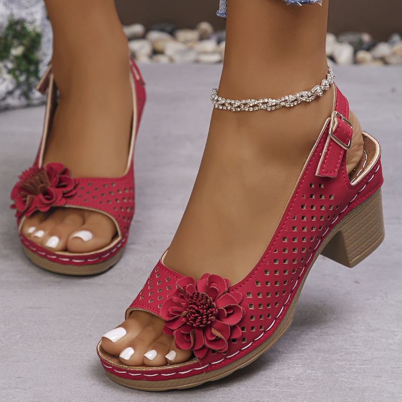 Shoes  Women's Shoes  Sandals  Heels Sandals New Wedge Sandals Hollow Flower Thick Sole One-Line Buckle Velcro Sandals