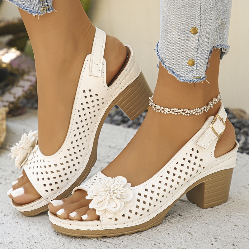 Shoes  Women's Shoes  Sandals  Heels Sandals New Wedge Sandals Hollow Flower Thick Sole One-Line Buckle Velcro Sandals