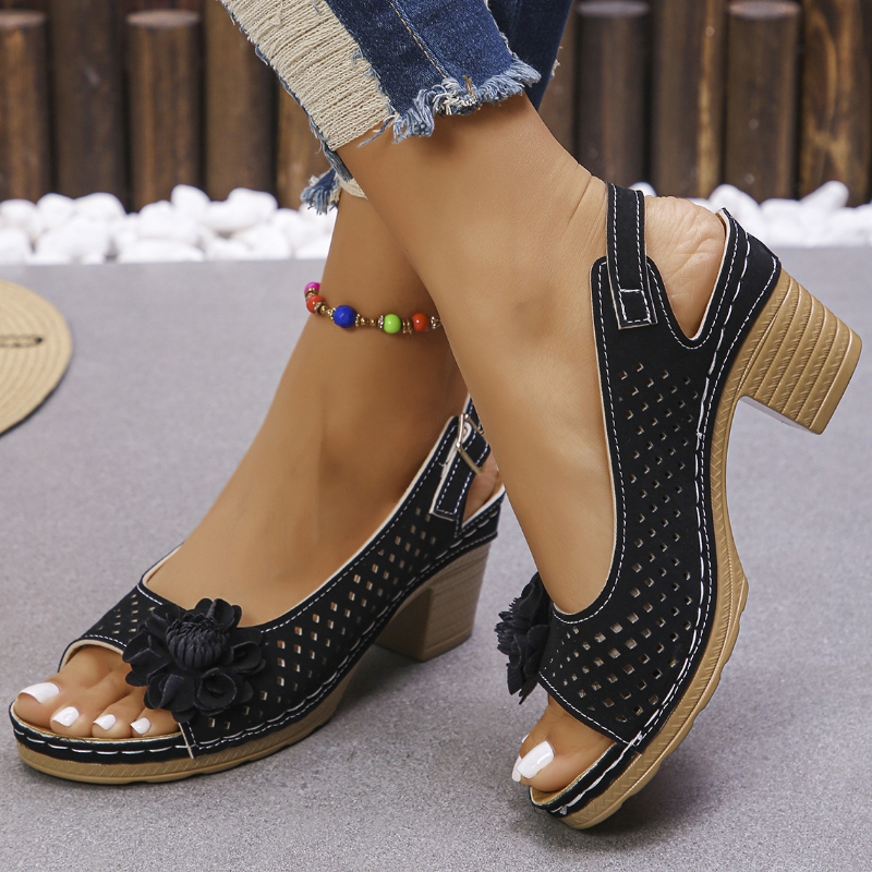 Shoes  Women's Shoes  Sandals  Heels Sandals New Wedge Sandals Hollow Flower Thick Sole One-Line Buckle Velcro Sandals