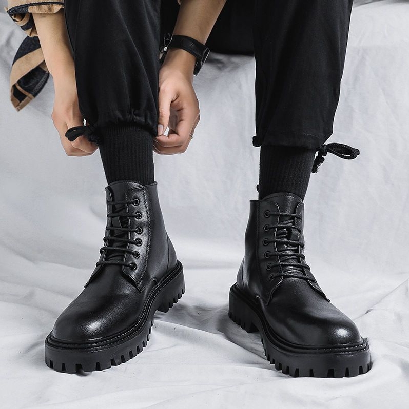 Shoes  Men's Shoes  Boots  Ankle  Bootie Martin Boots High Top Trendy British Style Retro Mid-Top Leather Shoes Heightened Black Leather Boots