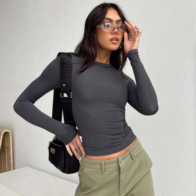 European And American Women's Casual Long Sleeved T-Shirt, Spring And Autumn Solid Color Slim Fit Pullover T-Shirt, Women's Streetwear Base Shirt, Top Gray