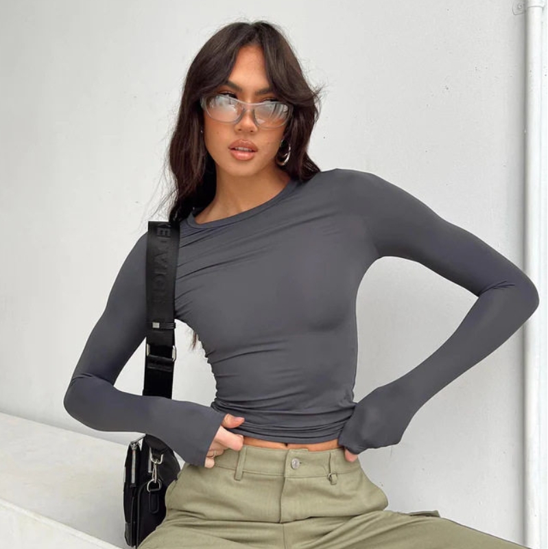 European And American Women's Casual Long Sleeved T-Shirt, Spring And Autumn Solid Color Slim Fit Pullover T-Shirt, Women's Streetwear Base Shirt, Top Gray