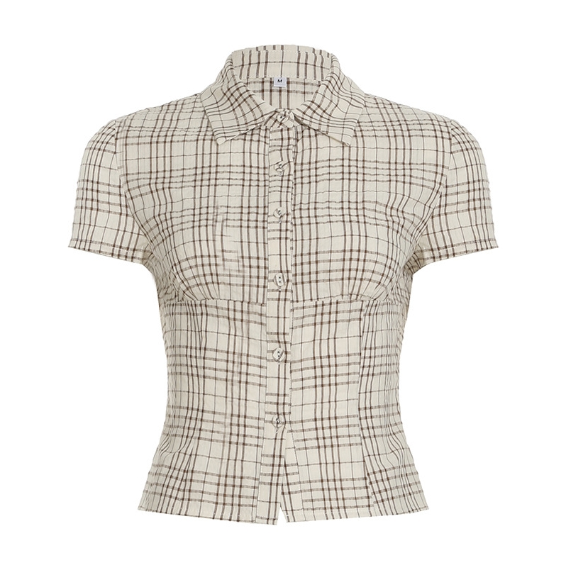 Clothes Women's Clothing Tops Bodysuits Casual Style Contrasting Pattern Woven Short-Sleeved Shirt Polo Collar Button-Down Waist Slim Fit Basic Top