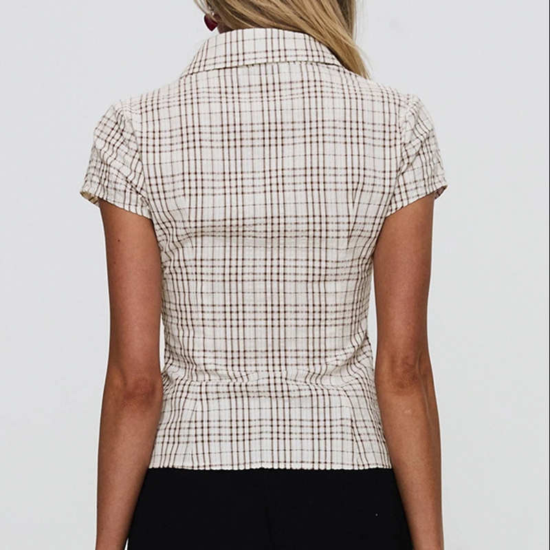 Clothes Women's Clothing Tops Bodysuits Casual Style Contrasting Pattern Woven Short-Sleeved Shirt Polo Collar Button-Down Waist Slim Fit Basic Top