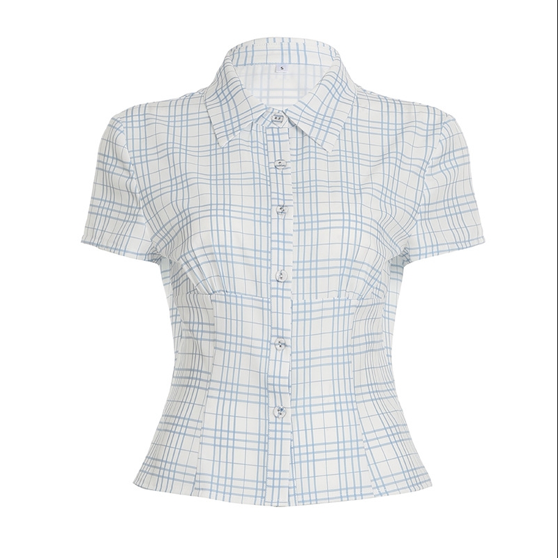 Clothes Women's Clothing Tops Bodysuits Casual Style Contrasting Pattern Woven Short-Sleeved Shirt Polo Collar Button-Down Waist Slim Fit Basic Top